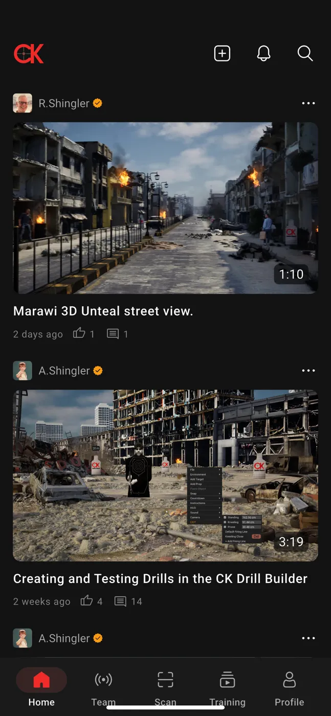 CK Video Player's home feed of training videos