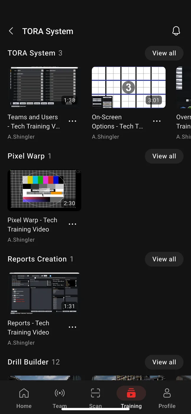 CK Video Player's training library, with videos grouped by course