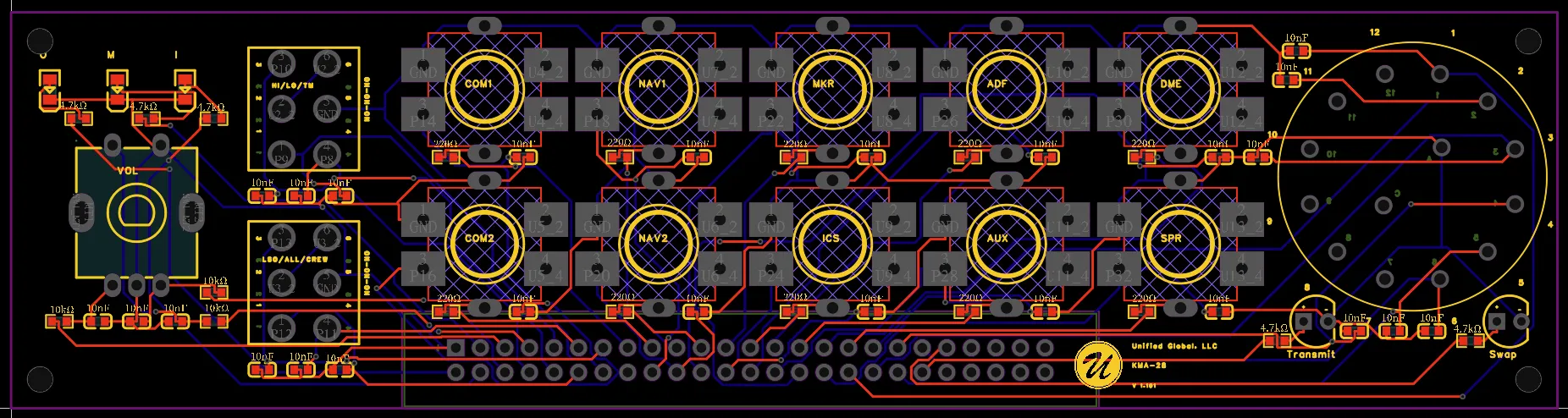 The circuit board layout for the KMA 28 audio panel, with copper traces around twelve button positions