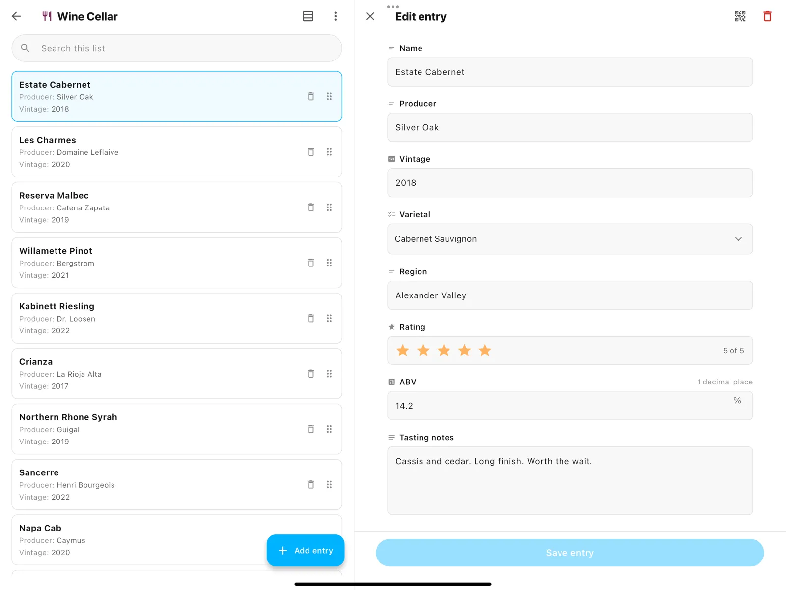 Lyztin on an iPad in split view, with a wine cellar list beside the entry being edited