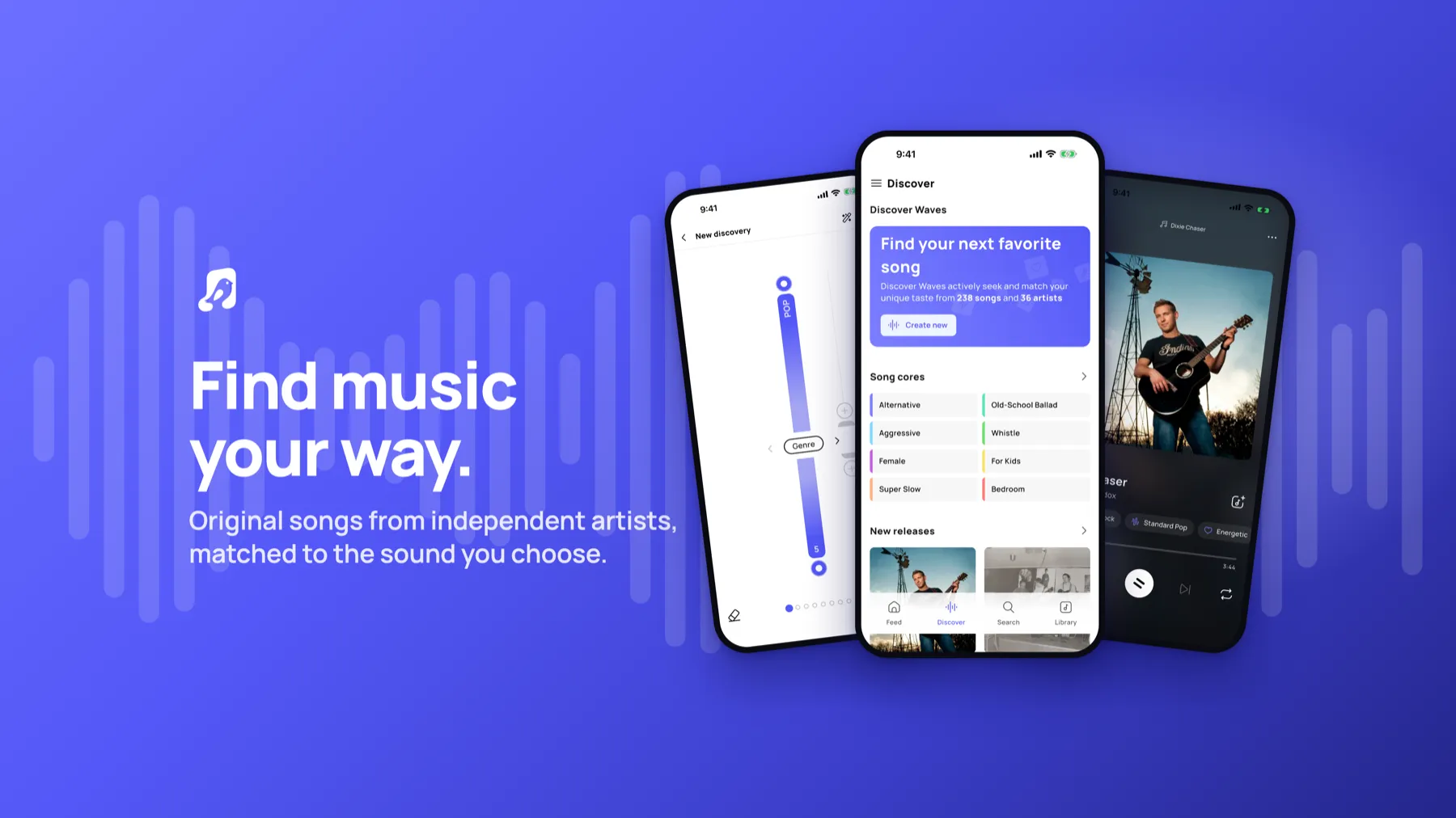 Pipit's Discover screen, song builder and music player on three phones