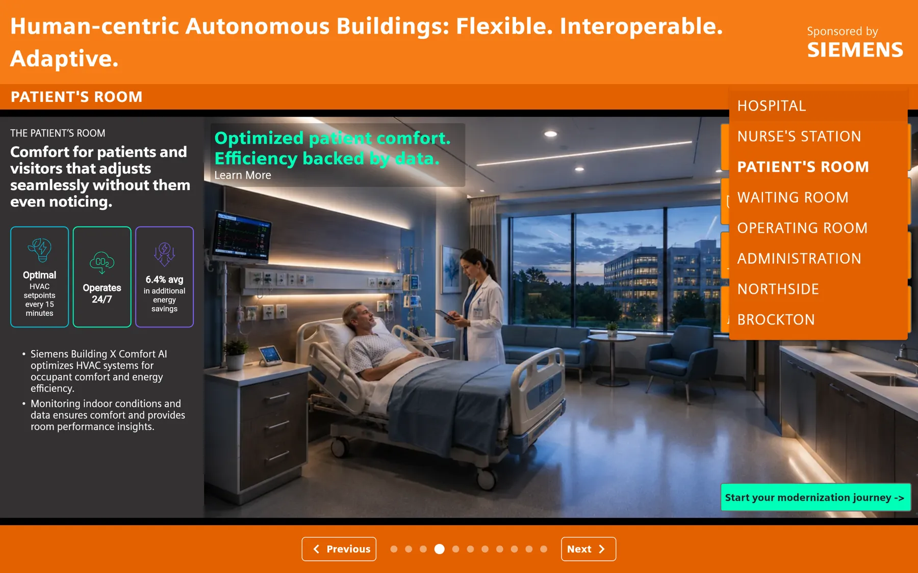 The patient's room slide with the section menu open, listing each area of the hospital